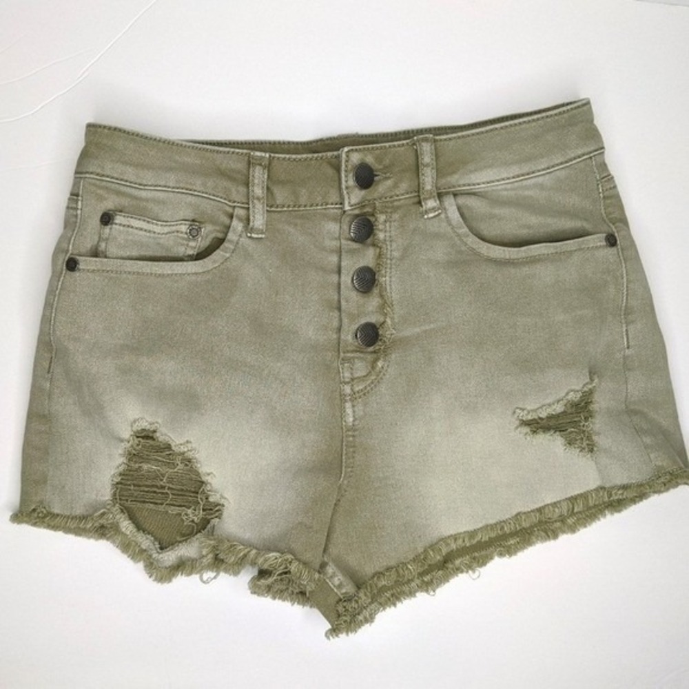 Sun & Shadow Olive Green‎ Distressed Button Fly Denim Shorts 27